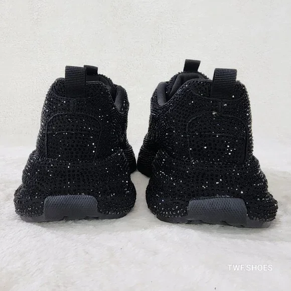 Cush Dazzle Sport Rhinestone Comfy Platform Light Weight Sneakers Black - Picture 4 of 6